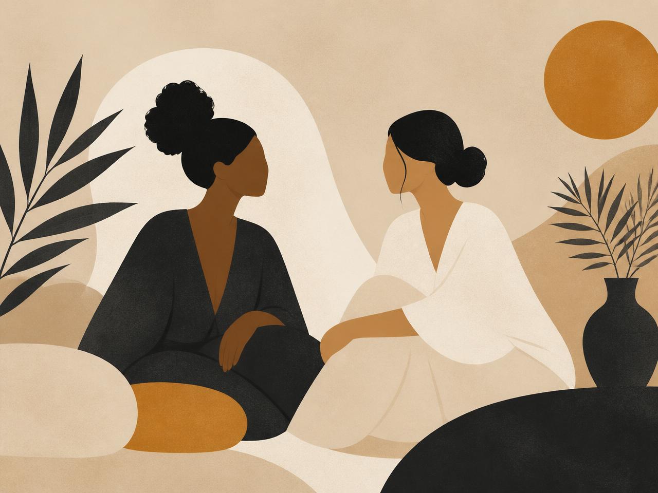 Illustration of two people from different backgrounds sitting together in calm conversation